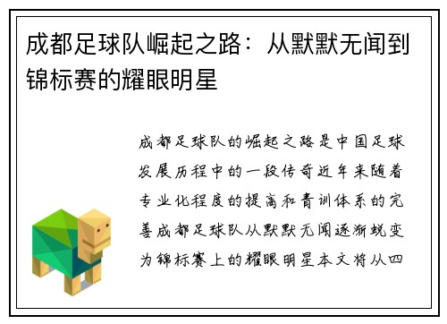 成都足球队崛起之路：从默默无闻到锦标赛的耀眼明星